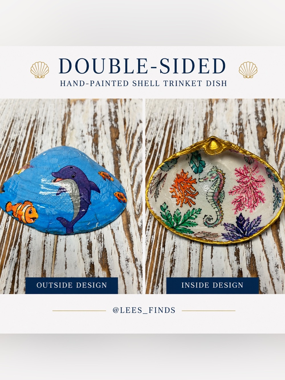 Hand Crafted Double Sided Seahorse and Dolphin Shell Trinket Dish